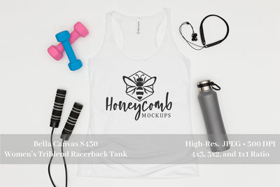 Workout Mockup, Bella Canvas 8430 Solid White Tri-Blend, Women's Tank Top Mockup, Fitness Mockup, Sports Mockup Mock Up Photo Honeycomb Mockups 