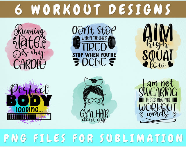 Workout Sublimation Designs Bundle, 6 Workout Quotes PNG Files, Gym Quote PNG, Fitness Quotes PNG, Don't Stop When You're Tired Stop When You're Done PNG, Gym Hair Don't Care PNG Sublimation HappyDesignStudio 