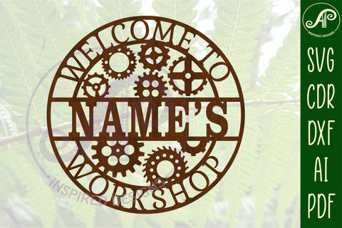 Workshop gears theme Name sign svg laser cut template SVG APInspireddesigns 