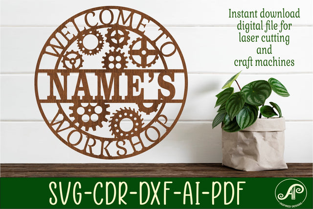 Workshop gears theme Name sign svg laser cut template SVG APInspireddesigns 