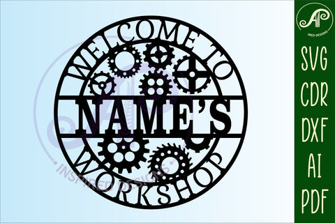 Workshop gears theme Name sign svg laser cut template SVG APInspireddesigns 