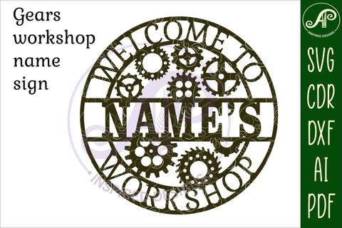 Workshop gears theme Name sign svg laser cut template SVG APInspireddesigns 