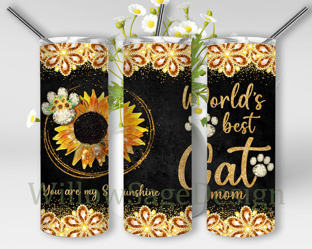 World Best Cat Mom Tumbler Design, You Are My Sunshine 20oz Skinny Tumbler, Sunflower Crystal Tumbler Wrap, Cat Paw Design Png, Digital Download Sublimation WillowSageDesign 