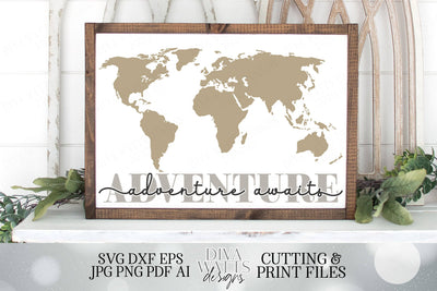 World Map | Adventure Awaits | Travel Decor | Printables and Cutting Files | SVG DXF JPG and more | Wall Art | Farmhouse Sign SVG Diva Watts Designs 