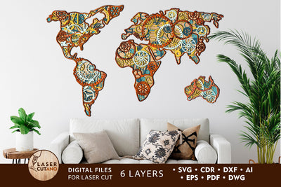 World Map Multilayer Cut Files for Laser Cut Wood or Cricut, Paper Craft, Sign SVG, 3D Designs SVG LaserCutano 
