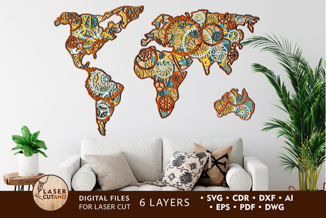 World Map Multilayer Cut Files for Laser Cut Wood or Cricut, Paper Craft, Sign SVG, 3D Designs SVG LaserCutano 