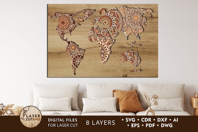 WORLD MAP Multilayer Laser Cut Files, Mandala, 3D Designs, Mini Design Bundles SVG LaserCutano 
