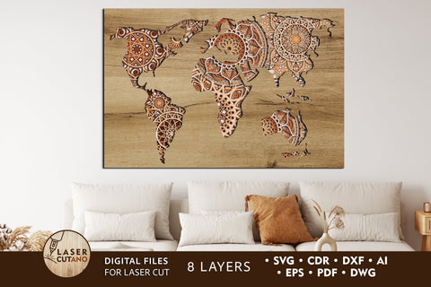 WORLD MAP Multilayer Laser Cut Files, Mandala, 3D Designs, Mini Design Bundles SVG LaserCutano 