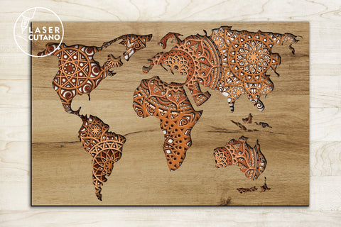 Wooden World Map  Burnt Laser-Cut Wall Map