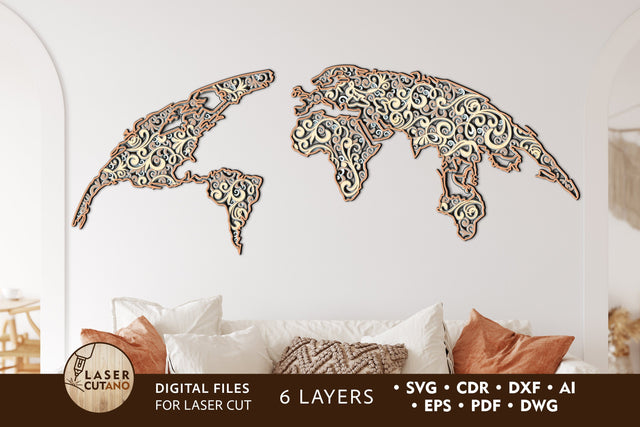 WORLD MAP Multilayer Laser Cut Files Mandala, Round Sign SVG, 3D Designs, Mini Design Bundles SVG LaserCutano 