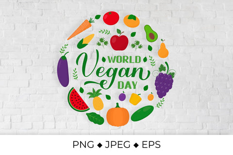 World Vegan Day lettering with fruits and vegetables round sing Sublimation LaBelezoka 