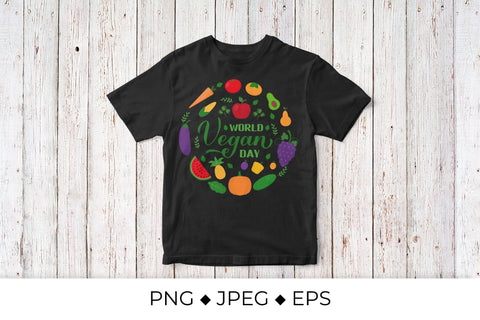 World Vegan Day lettering with fruits and vegetables round sing Sublimation LaBelezoka 