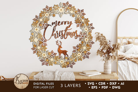WREATH CHRISTMAS Multilayer Laser Cut Files, Mandala, Round Sign SVG, 3D Designs SVG LaserCutano 