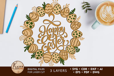 WREATH EASTER Laser Cut File, Easter Eggs Multilayer Laser Cut Files, Mandala, Round Sign SVG, 3D Designs, Mini Design Bundles SVG LaserCutano 