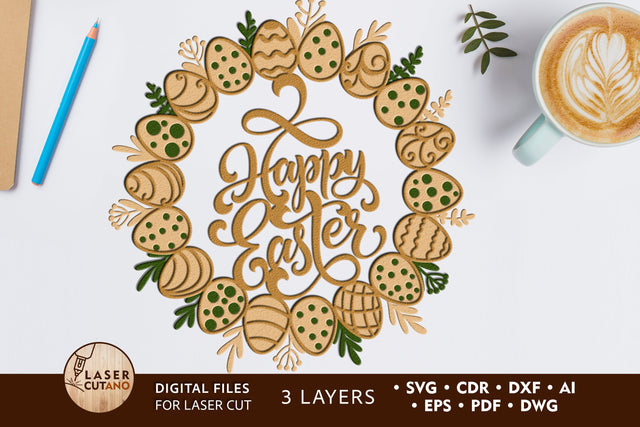 WREATH EASTER Laser Cut File, Easter Eggs Multilayer Laser Cut Files, Mandala, Round Sign SVG, 3D Designs, Mini Design Bundles SVG LaserCutano 
