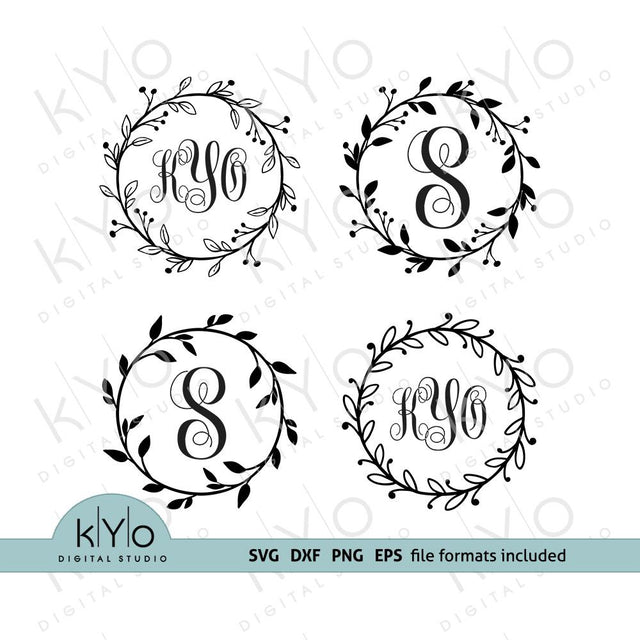 Wreath Monogram Frame SVG PNG DXF EPS files SVG kYo Digital Studio 