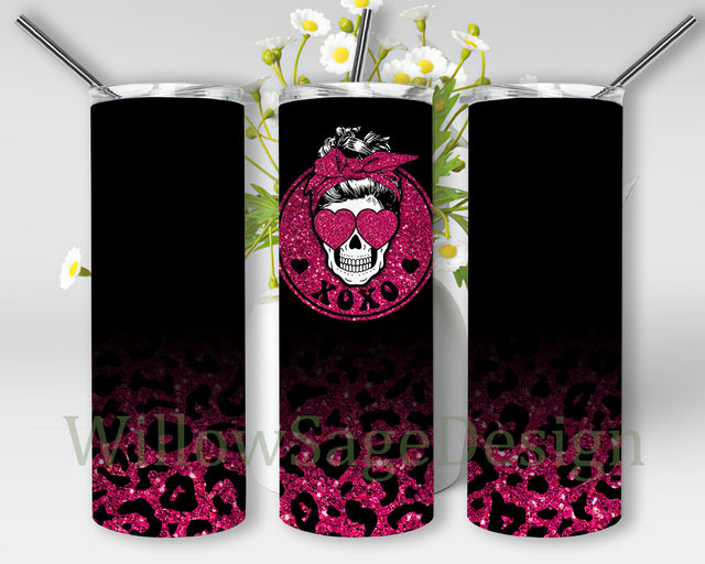 XOXO Valentine 20oz Skinny Tumbler, Messy Bun Skull Design Png, Valentine Leopard Glitter Tumbler Wrap, Valentine Day Sublimation Design for Straight, Digital Download Sublimation WillowSageDesign 