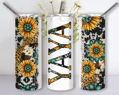 Yaya Sunflower Turquoise Gemstone And Leopard 20oz Skinny Tumbler Png, Yaya Cowhide Distressed Tumbler, Leopard Tumbler, Sunflowers Yaya Png Sublimation PixelChick 