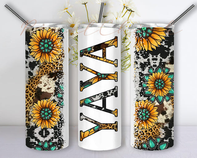 Yaya Sunflower Turquoise Gemstone And Leopard 20oz Skinny Tumbler Png, Yaya Cowhide Distressed Tumbler, Leopard Tumbler, Sunflowers Yaya Png Sublimation PixelChick 