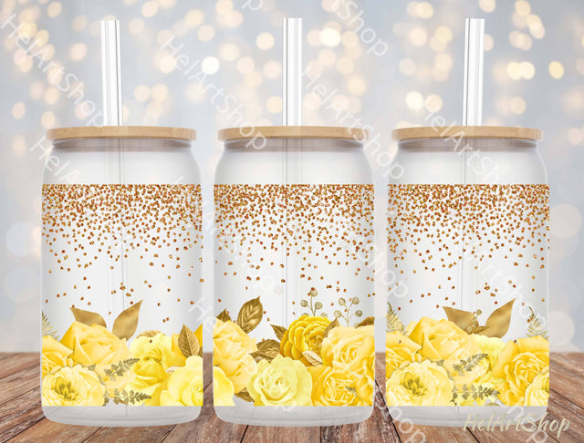 Yellow And Gold Floral 16oz Libbey Glass Can PNG Sublimation _HelArtShop_ 
