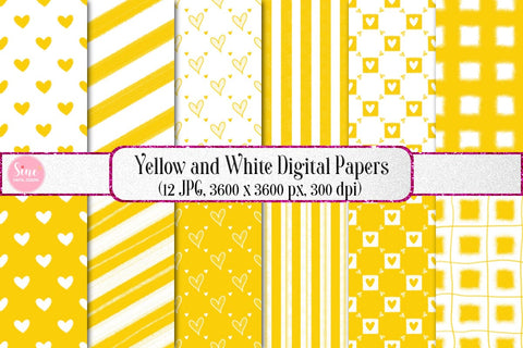 Yellow and White Valentines Digital Papers Backgrounds Set Digital Pattern SineDigitalDesign 