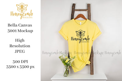 Yellow Bella Canvas 3001 Mockup, Hanging Ladder Mockup, Women's T-Shirt Mockup, Summer Mockup, Spring Mockup Mock Up Photo Honeycomb Mockups 
