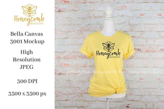 Yellow Bella Canvas 3001 Mockup, Women's T-Shirt Mockup, Mannequin Mockup, Summer Mockup Mock Up Photo Honeycomb Mockups 