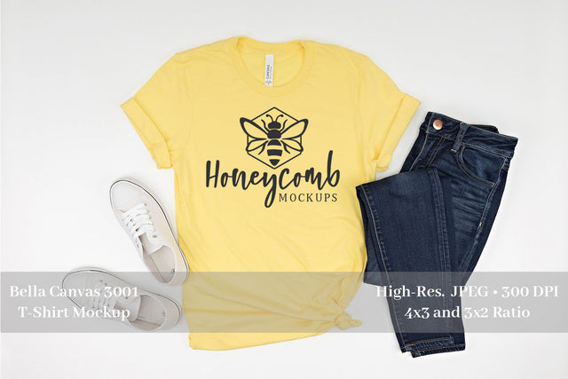 Yellow Bella Canvas 3001 Mockup, Women's T-Shirt Mockup, Summer Mockup Mock Up Photo Honeycomb Mockups 
