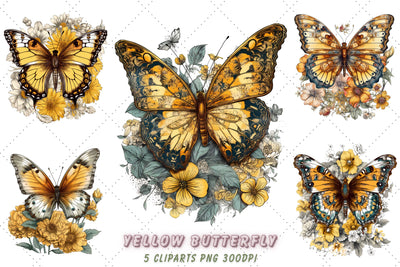Yellow Butterfly floral Sublimation Clipart Bundle, Sublimation, Retro Yellow Butterfly Sublimation FloridPrintables 