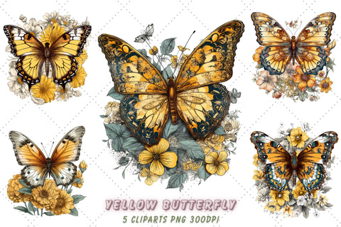Yellow Butterfly floral Sublimation Clipart Bundle, Sublimation, Retro Yellow Butterfly Sublimation FloridPrintables 