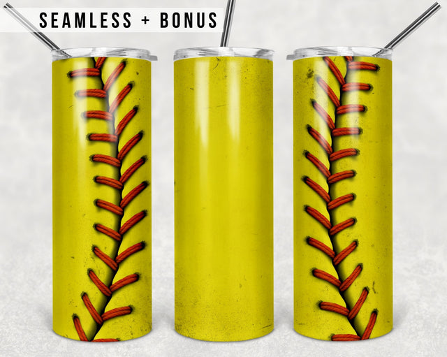 Yellow Softball 20oz Skinny Tumbler Wraps Templates SEAMLESS Softball Sublimation Tumbler Designs for Straight/Tapered Tumbler - PNG Sublimation TumblersByPhill 