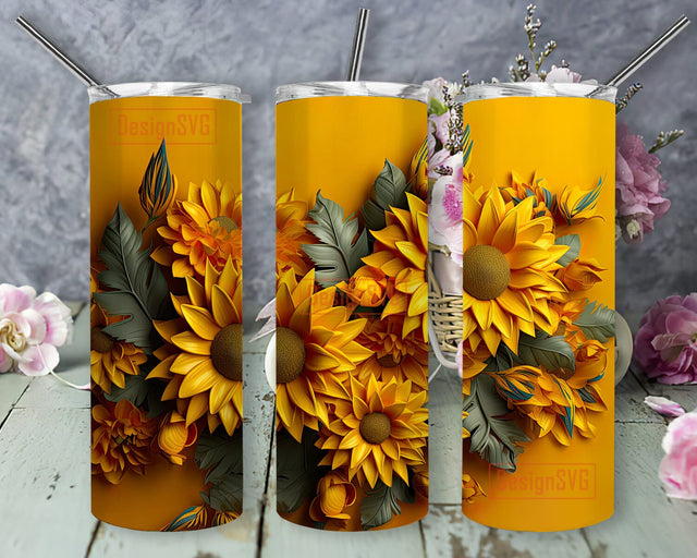 Yellow Will Sunflowers Background 20 oz Skinny Tumbler Sublimation Design, 3D Vector Sunflowers And Florals Tumbler, Beautyfull Sunflower Tumbler Wrap, 3D Tumbler Wrap Sublimation DesignSVG 