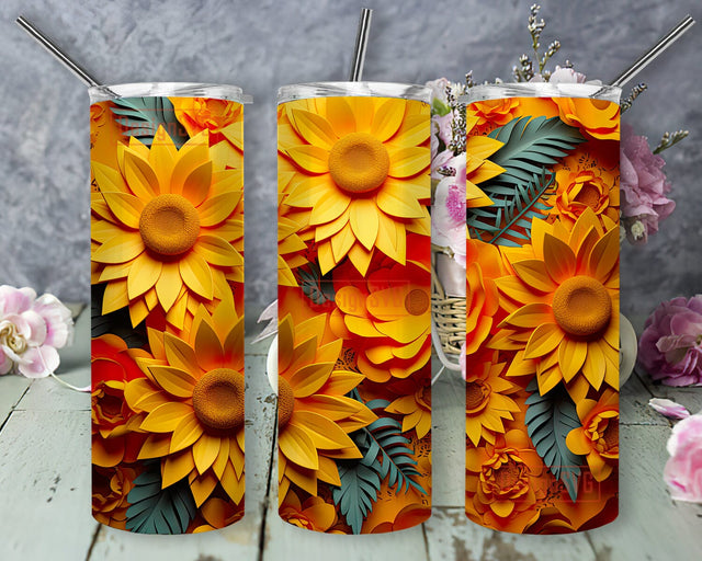 Yellow Will Sunflowers Background 20 oz Skinny Tumbler Sublimation Design, 3D Vector Sunflowers And Florals Tumbler, Beautyfull Sunflower Tumbler Wrap, 3D Tumbler Wrap Sublimation DesignSVG 
