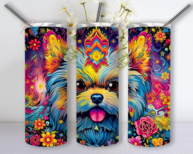 Yorkshire Flowers 20oz Skinny Tumbler Png, Colorful Flowers Yorkshire Tumbler, Lisa Frank Style Yorkie Png, Watercolor Yorkie Tumbler, Yorkie Dog Tumbler Sublimation PixelChick 