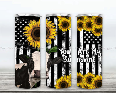 You Are My Sunshine Flag Cow Tumbler, Cow Sunflower USA Flag Sunshine Sublimation Designs Downloads Sublimation ToriDesigns 