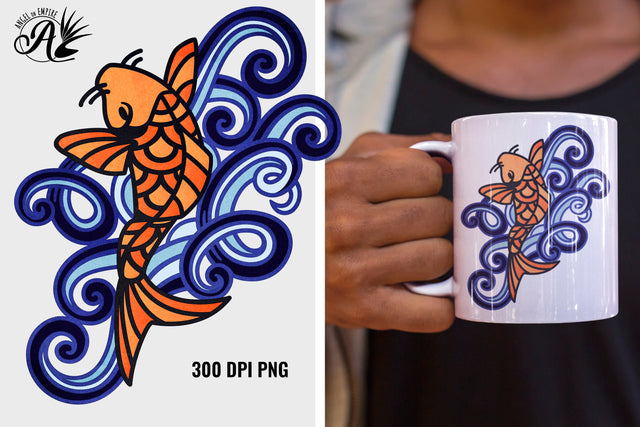 Zen Doodle Gouache Painted Koi Fish PNG Sublimation Angel on Empire 