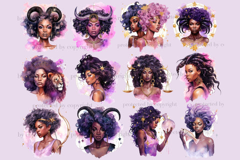 Zodiac Black Girls Clipart | Celestial Graphics SVG GlamArtZhanna 