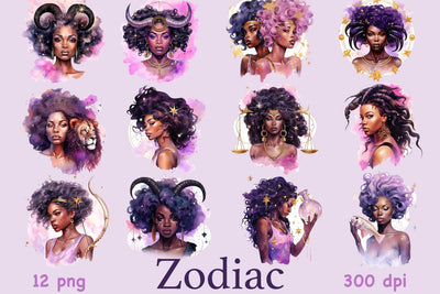 Zodiac Black Girls Clipart | Celestial Graphics SVG GlamArtZhanna 