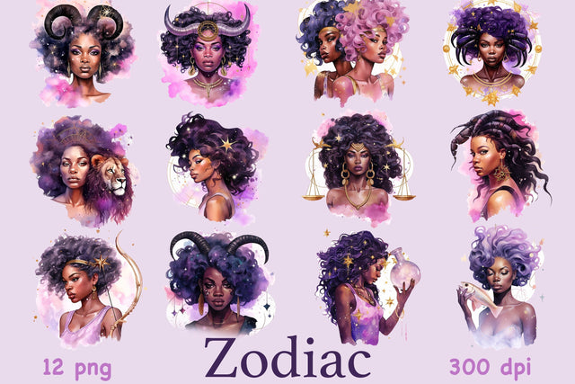 Zodiac Black Girls Clipart | Celestial Graphics SVG GlamArtZhanna 