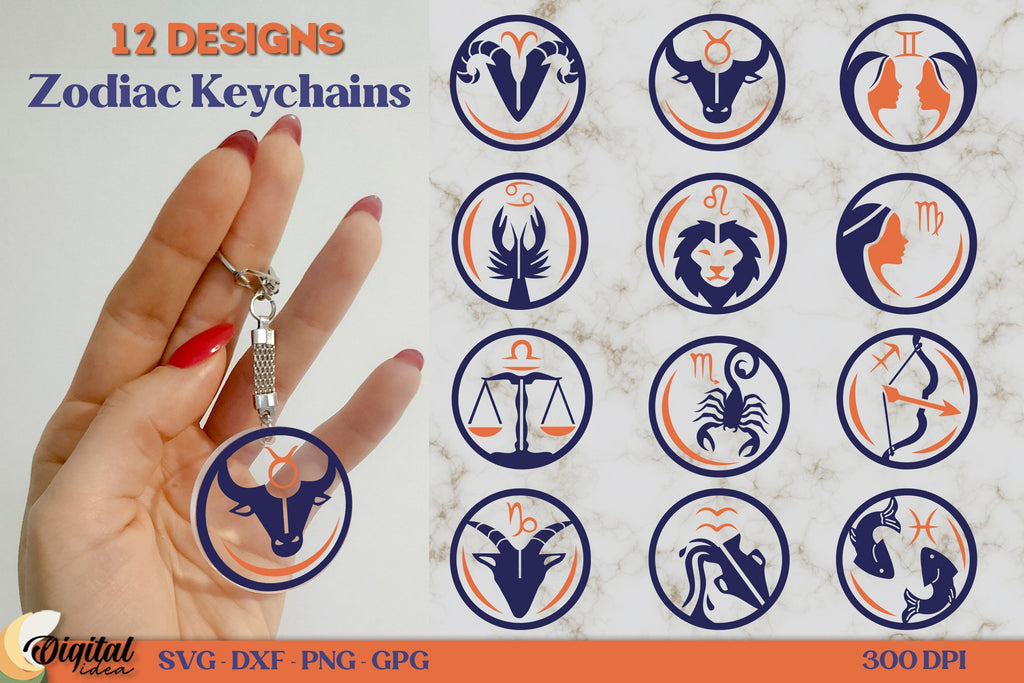 Zodiac Keychain Bundle SVG. Astrology Acrylic Keychains SVG - So Fontsy