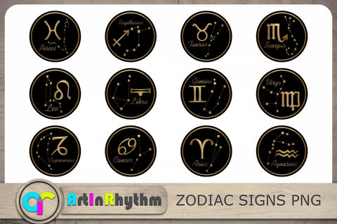 Zodiac Signs PNG Cliparts, Gold And Black Zodiac Signs, Constellation Cliparts SVG Artinrhythm shop 