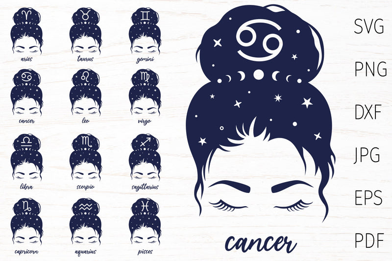 Zodiac signs svg bundle, Astrology Svg, Messy bun svg SVG Digital Rainbow Shop 
