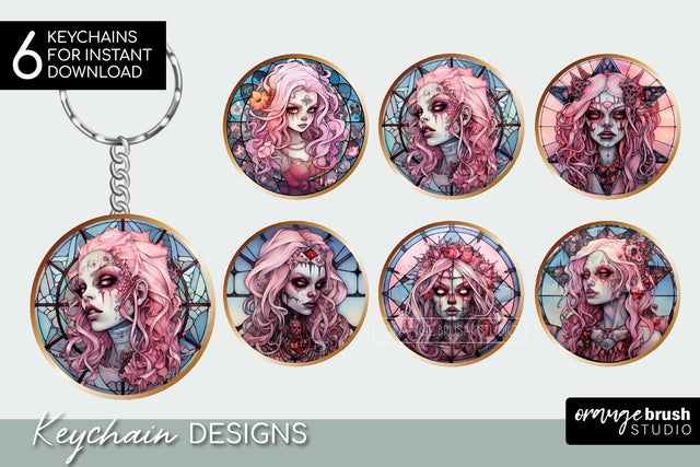 Zombie Girl Halloween Keychain Sublimation Stained Glass Sublimation OrangeBrushStudio 