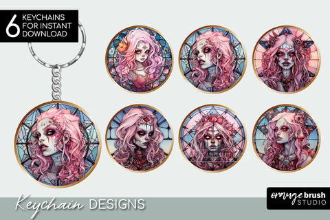 Zombie Girl Halloween Keychain Sublimation Stained Glass Sublimation OrangeBrushStudio 