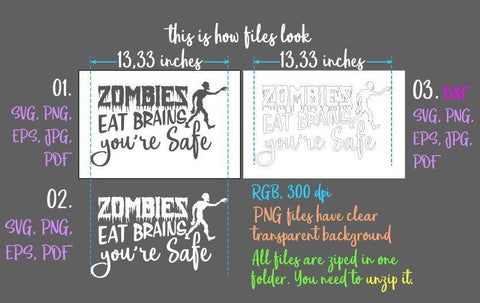 Zombies Eat Brains You Are Safe Funny Saying Sarcastic Quote Z Apocalypse Humor SVG DXF PNG PDF JPG SVG Digitals by Hanna 
